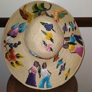 Vtg Souvenir Floppy Straw Hat Woven Boho Floral Raffia Jamaica